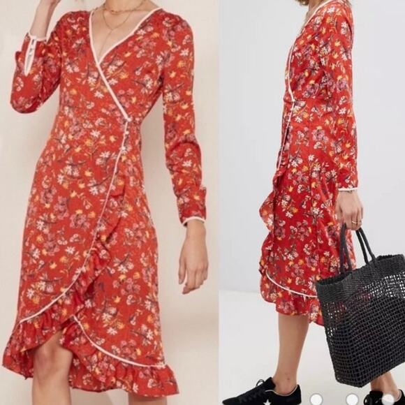 Free People Floral Covent garden wrap midi dress ruffle boho red - Picture 1 of 10